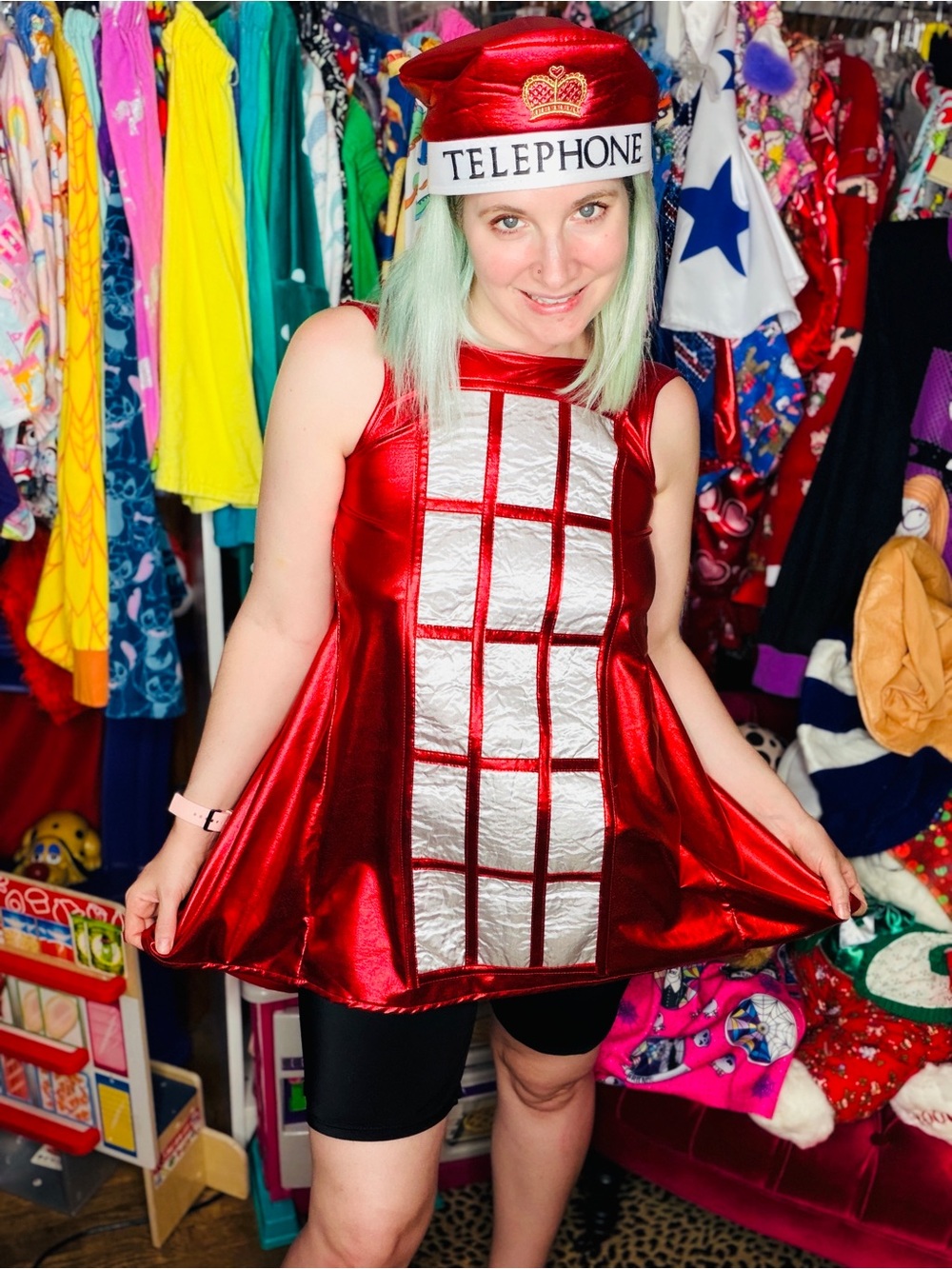 Custom British Red Metallic Telephone Box Dress with hat